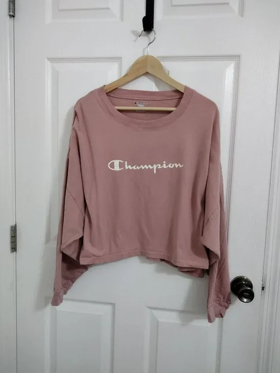 Champion Cropped Sweatshirt Pink Logo Long Sleeve Top Women Oversized Athleisure - Picture 4 of 6